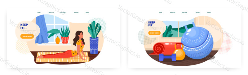 Young woman exercise at home. Fitness, sport, healthy lifestyle, workout. Stay home and keep fit concept illustration. Vector web site design template. Landing page website illustration.