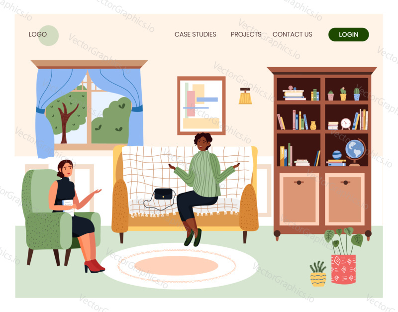 Woman visits psychologist in her office. Mental treatment and therapy counseling concept illustration. Vector web site design template. Woman sit on couch and talk to psychotherapist.