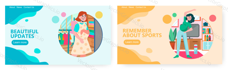 Pregnant woman exercise and stretch at home. Pregnant woman choose clothes in wardrobe. Pregnancy concept illustration. Vector web site design template.