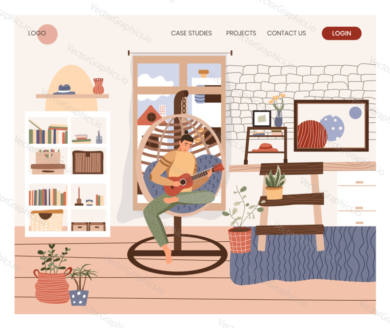 Man sit in ball chair and play guitar at home. Leisure time in cozy home interior. Concept illustration. Vector web site design template.