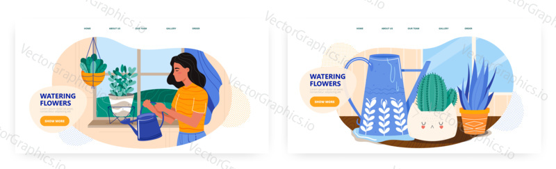Girl taking care of house plants growing in pots. Houseplants and home garden concept illustration. Vector web site design template. Interior with cactus and green plants.