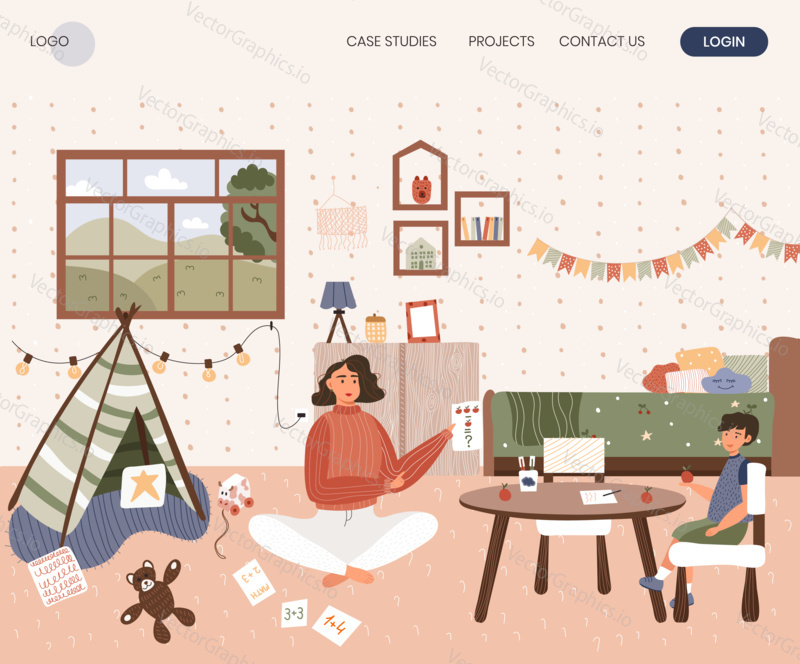 Woman teach her son mental arithmetic using cards. Home school concept illustration. Vector web site design template. Mother play with kid at home.