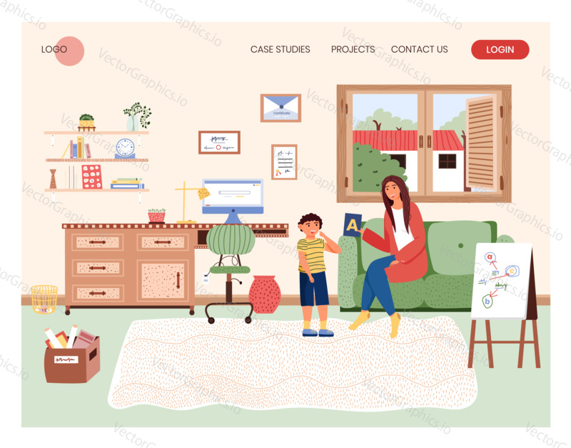Woman teach her son abc. Home school concept illustration. Vector web site design template. Mother play with kid at home.