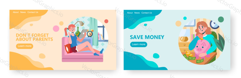 Woman with tablet sit on couch at home. Girl put coin in piggy money box. Money saving concept illustration. Vector web site design template.