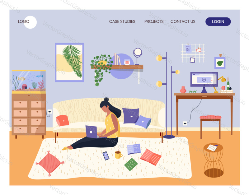 Woman sitting on a floor with laptop in cozy interior. Home office concept illustration. Vector web site design template. Girl working at home.