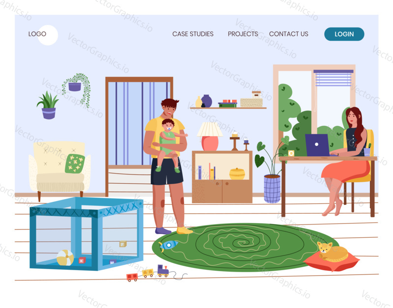 Busy woman work with laptop at home office while father take care child. Family stay at home concept illustration. Vector web site design template. Working mother.