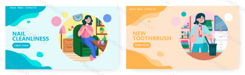 Woman files nails at home. Manicure concept illustration. Girl with new toothbrush pack. Vector web site design template.