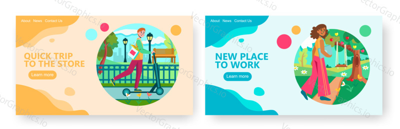 Man rides electric scooter to grocery store. Woman makes workplace on a swing in a park. Concept illustration. Vector web site design template.