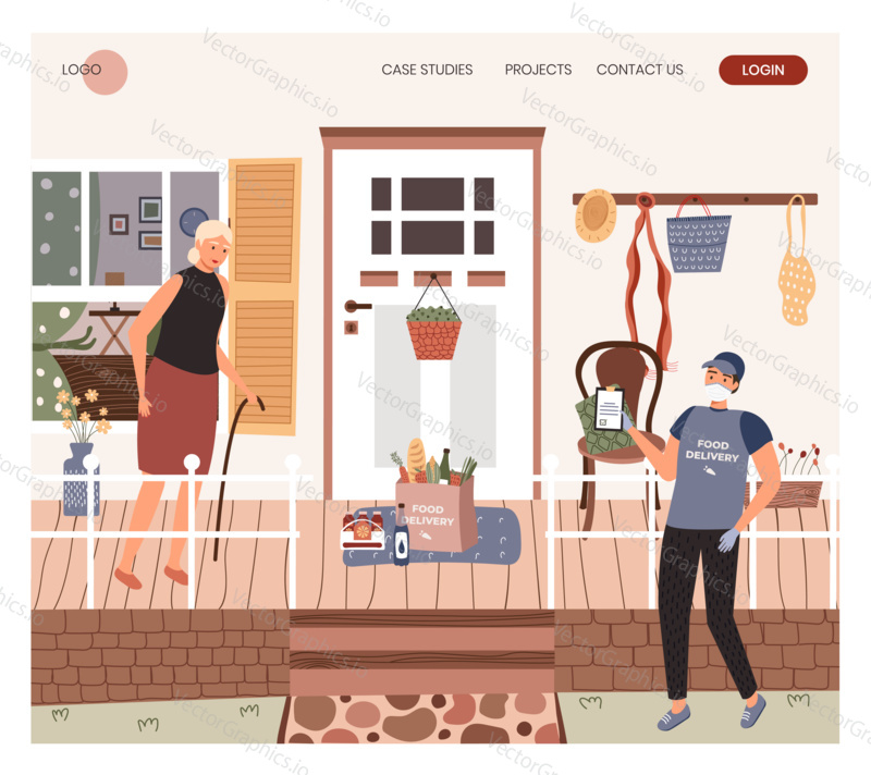 Food in bag left at house front door. Safe contactless grocery delivery to home. Prevent spread of the coronavirus. Senior people in quarantine concept illustration. Vector web site design template.