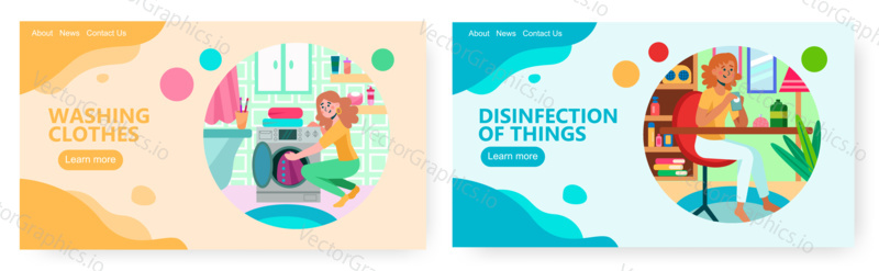 Woman put clothes to washing machine. Girl disinfect her mobile phone. Cleaning and hygiene concept illustration. Vector web site design template.