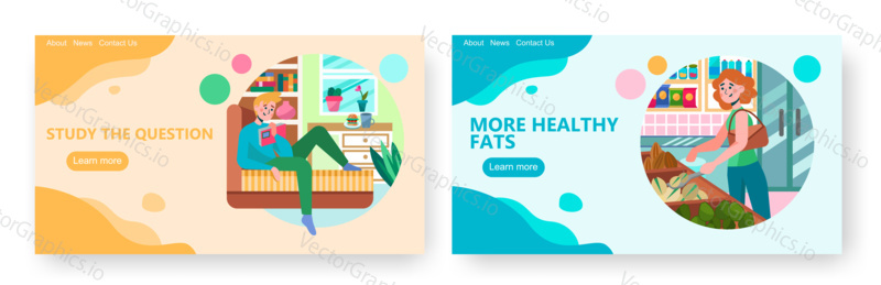 Man lying on a couch and reading a book. Woman buys nuts on a market. Concept illustration. Vector web site design template.