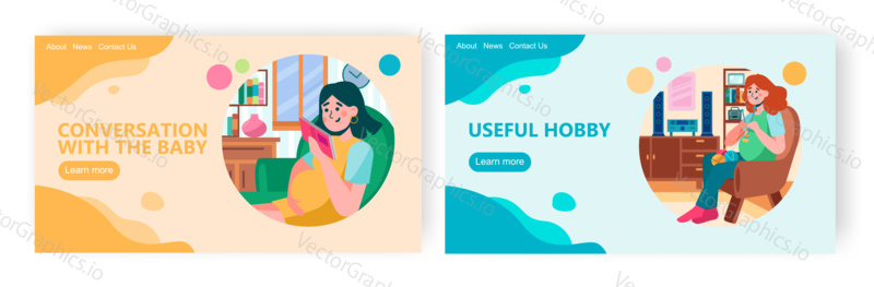 Pregnant woman read book at home. Woman sitting in chair and knitting. Stay home and hobby concept illustration. Vector web site design template.