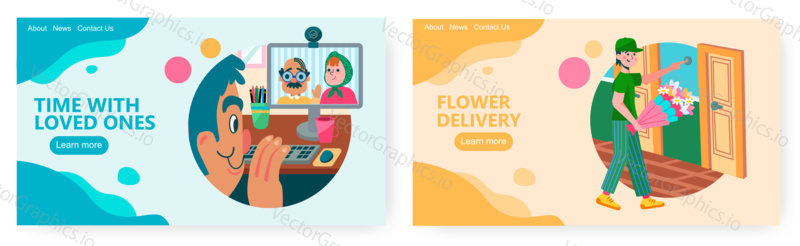 Man talks to his senior parents by video call. Courier with flowers rings doorbell. Flower delivery concept illustration. Vector web site design template.