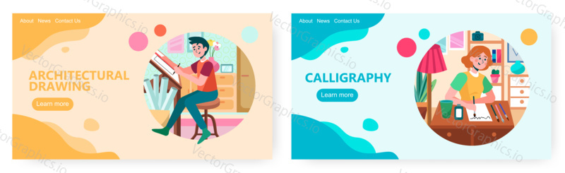 Architect engineer draws on his desk. Woman practice calligraphy lettering and handwriting. Concept illustration. Vector web site design template.