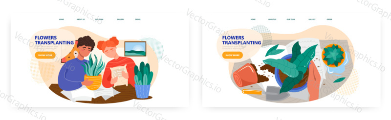 Couple taking care of house plants growing in pots. Houseplants and home garden concept illustration. Vector web site design template. Transplanting plants in soil.