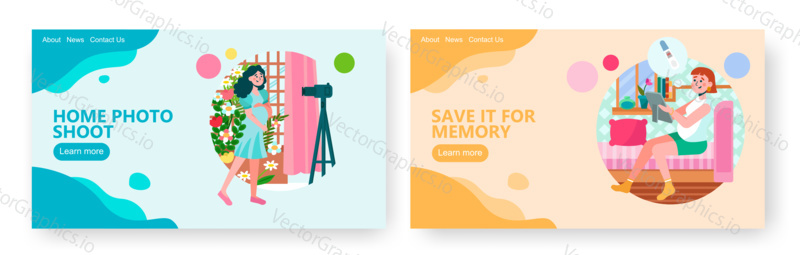 Pregnant woman taking photo of herself. Pregnancy test, happy memories. Concept illustration. Vector web site design template.