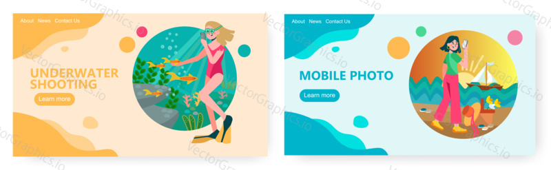 Woman takes fish photo underwater. Girl taking picture of beautiful sunset and boat. Travel and summer beach vacation concept illustration. Vector web site design template.