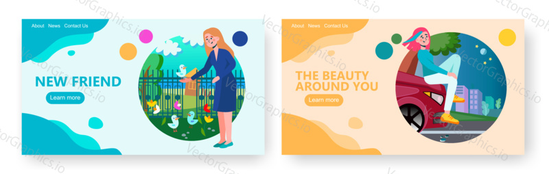 Young girl sitting on a car hood. Woman feeds birds in a park. Youth teenage culture concept illustration. Vector web site design template.