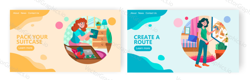 Woman packs first aid kit to her travel suitcase. Girl plans her trip, creating route on a map. Travel concept illustration. Vector web site design template.