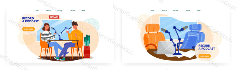 Live streaming, broadcast. Podcast concept illustration. Vector web site design template. Blogger online interview in studio.
