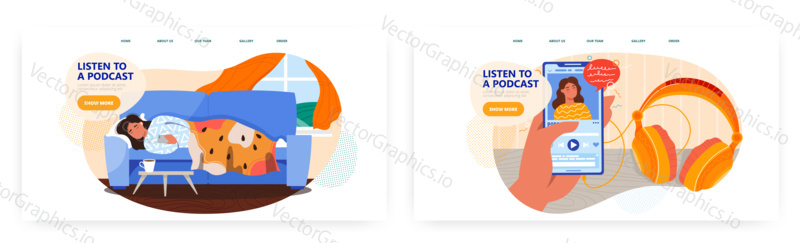 Dívka, kterým se na pohovce a poslouchat hudbu. Mobilní telefon podcast a hudební stream app. Podcast koncept ilustrace. Vektor web design šablony. Playlist, sluchátka.