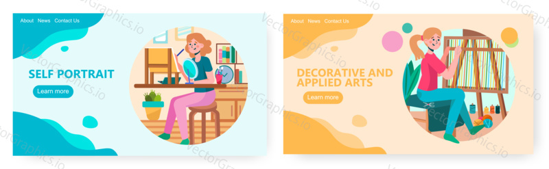 Malířka na stojanu. Dívka splétá ručně vyrobený koberec, tradiční Textil. Výtvarné studio koncept ilustrace. Vektor web design šablony. Vstupní stránka webové stránky ilustrace.