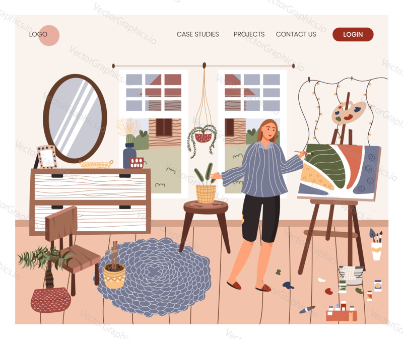 Žena umělec malování abstraktní umění na stojanu. Výtvarné studio koncept ilustrace. Vektor web design šablony. Vstupní stránka webové stránky ilustrace