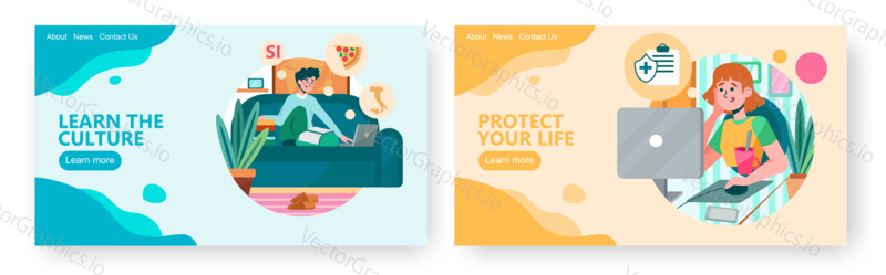 Člověk plánuje svou cestu do Evropy a dozvědět se o nové zemi. Žena nakupuje Zdravotní pojištění online. Koncept ilustrace. Vektor web design šablony.