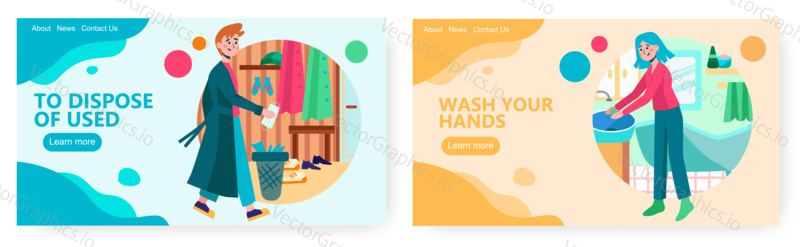 Muž zlikvidujte masku na odpadky, když jste doma. Žena umýt ruku v koupelně. Ilustrace Koncepce prevence a hygieny koronavirů. Vektor web design šablony.