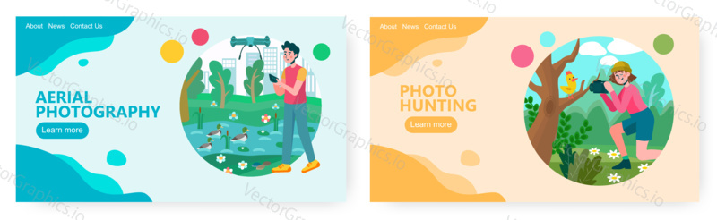 Člověk ovládá dron a fotí v parku. Žena fotí ptáka na stromě. Birdswatching koncept ilustrace. Vektor web design šablony.