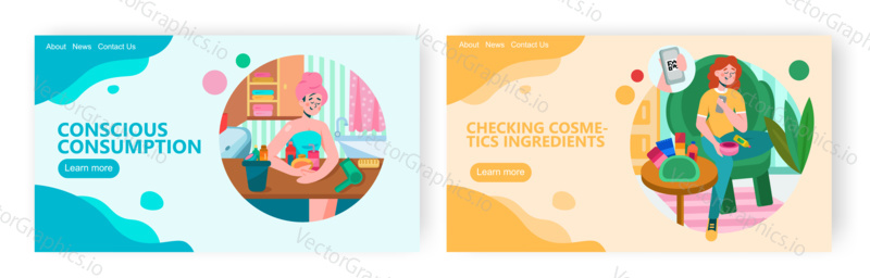 Žena používá přírodní organickou kosmetiku. Po sprchování těla a péče o vlasy postup. Krása koncept ilustrace. Vektor web design šablony. Vstupní stránka webové stránky ilustrace.