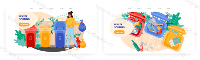 Žena dala pytel na odpadky do koše. Třídění a recyklace odpadu koncept ilustrace. Vektor web design šablony. Různé barvy kontejnery pro různé druhy odpadu. Plast, kov, papír.