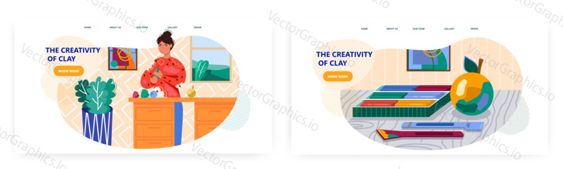 Žena si hraje s plastelínou. Hliněné nástroje. Kreativita a umění koncept ilustrace. Vektor web design šablony. Ručně vyráběné plastelínové ovoce.