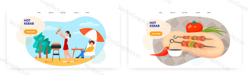 Žena grily grilování v parku. Shish kebab, maso na špíz. BBQ koncept ilustrace. Vektor web design šablony. Pár užijte si víkend a gril kebab.
