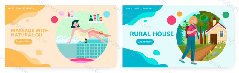 Žena se vykoupala a drhla. Krása kosmetický koncept ilustrace. Vektor web design šablony. Žena chodit do venkovského domu v lese.