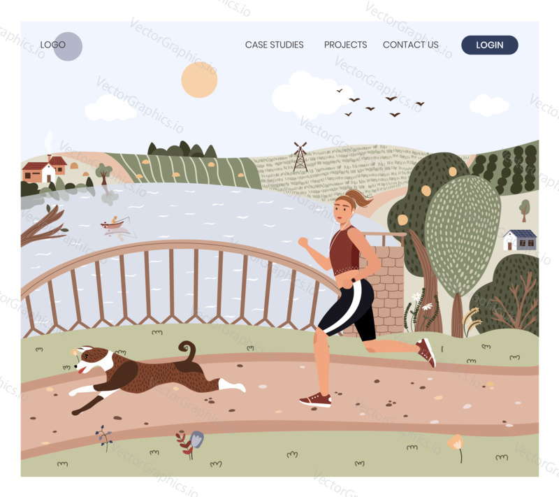Mladá žena ve sportovním oblečení běží v parku. Ilustrace konceptu zdravého životního stylu. Vektor web design šablony. Žena se sluchátky cvičení a běh v přírodě venkovní krajiny.