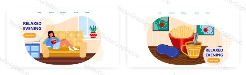Woman in depression and stress eat fast food at home. Breakfast, french fries, coffee. Concept illustration. Vector web site design template.