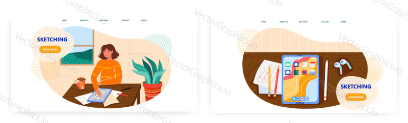 Woman drawing sketch on graphic tablet. Graphic design concept illustration. Vector web site design template. Digital tablet, pencil and headphones on a desk. Female designer works from home.