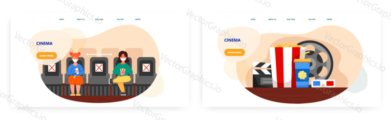 Lidé nosí masku a udržují Vzdálenost v kině. Sociální distancování a prevence koronaviry covid-19 v kině. Koncept ilustrace. Vektorová webová šablona. Popcorn, filmový naviják, kino brýle.