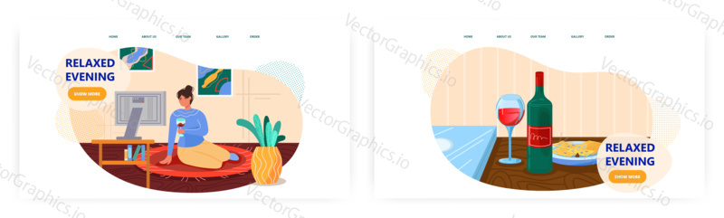 Woman watch tv and drink red wine. Relax at home concept illustration. Vector web site design template. Bottle, glass of wine and cheese. Evening leisure time.