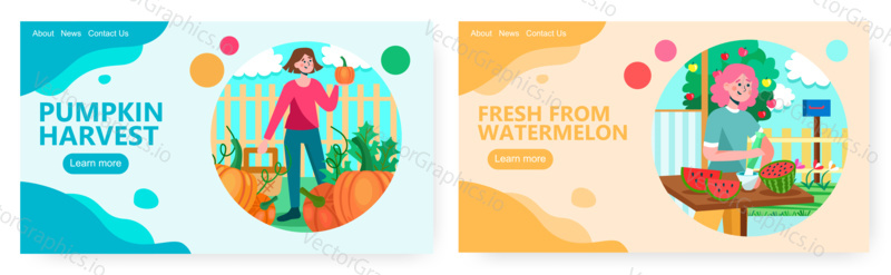 Žena farmář sklizeň dýně. Žena dělá meloun šťávu. Koncept ilustrace. Vektor web design šablony. Podzimní a letní období.
