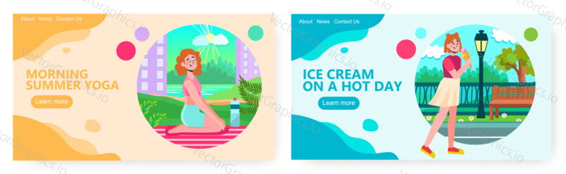Žena dělá jógu venku v parku. Ilustrace konceptu letního času. Vektor web design šablony. Mladá dívka si její zmrzlinu a chodit na steet. Letní víkend.
