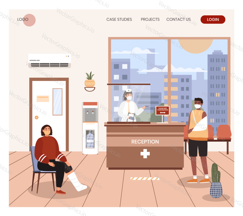 Sociální distancování v recepci nemocnice koncept ilustrace. Vektor web design šablony. Lékař na klinice chráněný sklem před šířením koronaviry. Pacienti používají masku v nemocnici.