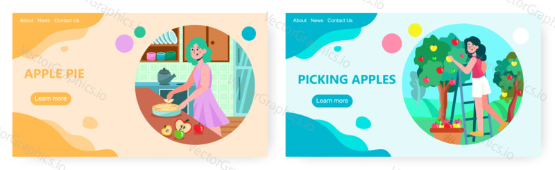 Woman hand picking apples from a garden tree. Woman cook apple pie in home kitchen. Concept illustration. Vector web site design template.