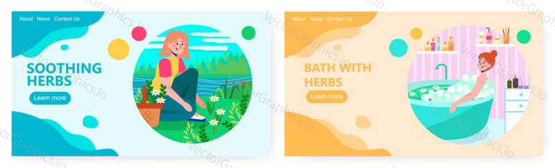 Žena sbírá květiny na poli. Byliny kosmetické a lázeňské koncepce ilustrace. Vektor web design šablony. Žena ve vaně s bylinkami a květinami.
