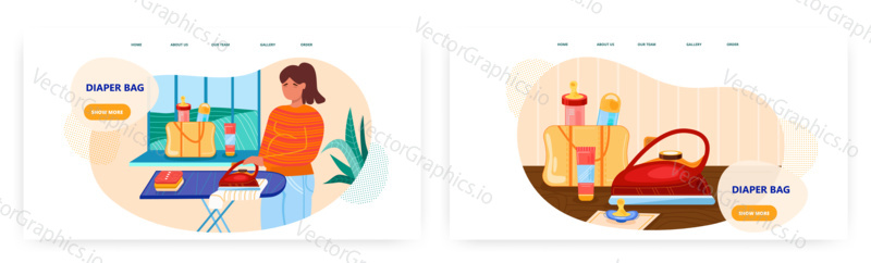 Žena žehlení novorozené dětské oblečení. Koncepce péče o dítě ilustrace. Vektor web design šablony. Plenka taška s lahví mléka.