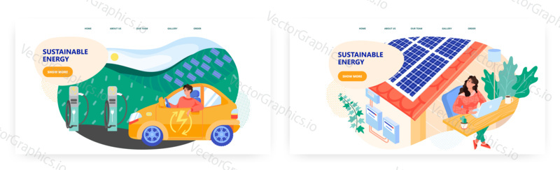 Žena pracuje s notebookem v domě se solárními panely na střeše. Ilustrace koncepce obnovitelné energie. Vektorová šablona. Elektromobil, nabíjecí stanice. Ekologická technologie zelené udržitelné energie a energie.
