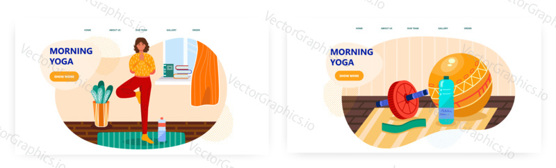 Woman doing yoga at home. Exercise tools. Fitness and healthy lifestyle concept illustration. Vector web site design template. Woman poses in vrikshasana yoga position.