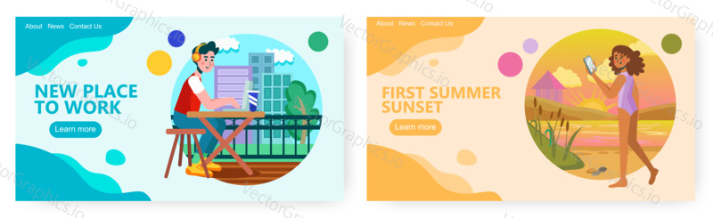 Man works with laptop outdoor on a balcony. Remote work concept illustration. Vector web site design template. Woman on a summer beach vacation taking picture of sunset.