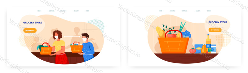 Lidé udržují Vzdálenost v řadě v obchodě s potravinami. Sociální distancování a prevence koronaviry covid-19. Koncept ilustrace. Vektor web design šablony. Košík plný potravinářských výrobků.
